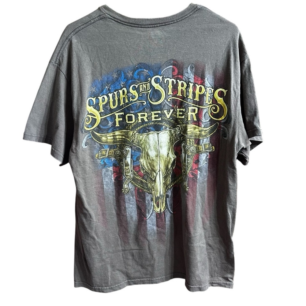 Cowboy Strong Gray Rodeo Spurs and Stripes Forever Patriotic Flag Tshirt Sz L